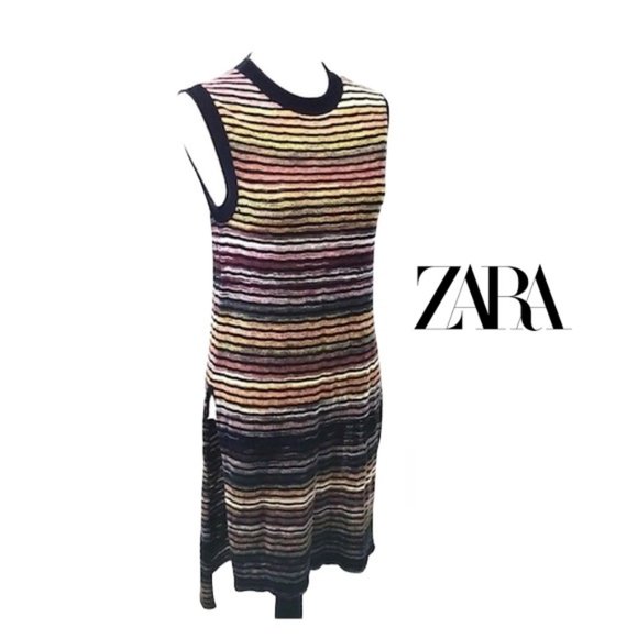 NWT ZARA KNIT COLLECTION Women M Striped Knit Mini Dress Tunic Cover-up Boho TOP - Picture 1 of 12